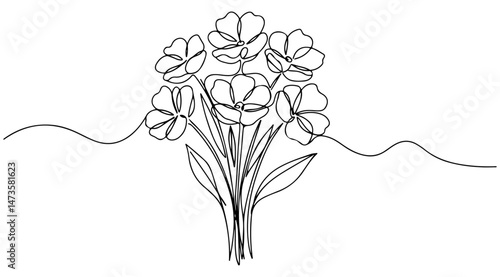 One line art of bouquet of beautiful flowers with stems and leaves. vector illustration