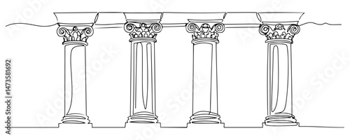 One line art of four classical architectural columns in a row. vector illustration