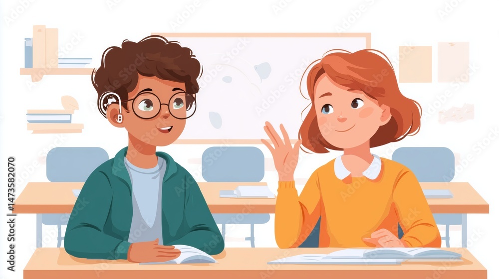 Child with a hearing aid participating in a classroom discussion, promoting inclusivity, clean vector design Child with a hearing aid participating in a classroom discussion, promoting inclusivity, clean vector design