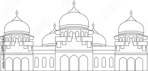 Vector graphics illustration of Baiturrahman Grand Mosque, a public building located in the center of Banda Aceh city, Aceh Province, Indonesia.