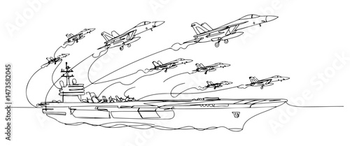 One line drawing shows an aircraft carrier with several fighter jets taking off. vector illustration