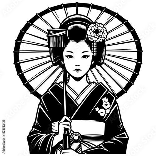 Japanese Woman Wearing Kimono with Umbrella.