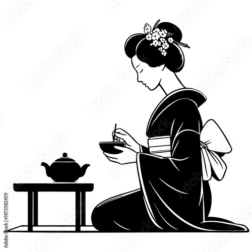 Japan Woman Wearing Kimono Making Tea.