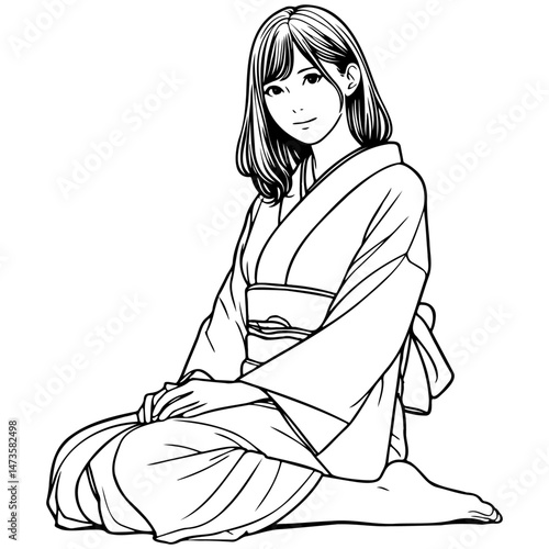Japan Woman Wearing Kimono Line Art.