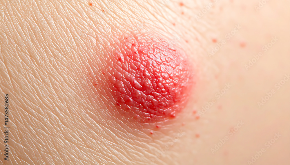 Fototapeta premium A close-up view of inflamed skin showing a red, raised bump with a textured surface, indicating a possible skin condition or irritation