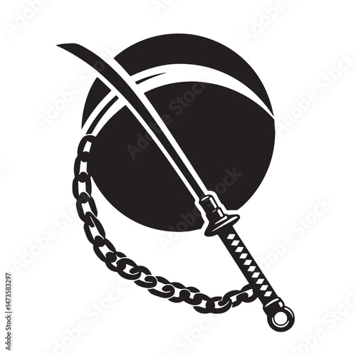 Kusarigama (Japan - chain-and-sickle weapon) Silhouette line art vector illustration on white background