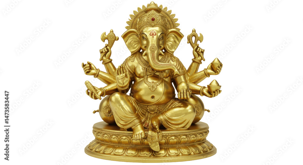 Fototapeta premium Golden Multi-Armed hindu god Ganesha Statue Isolated on Transparent PNG Background
