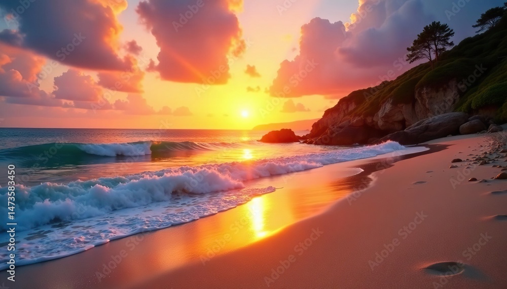 Serene sunset over a tranquil beach Golden hour light illuminates the sand and waves , beach, sky Serene sunset over a tranquil beach Golden hour light illuminates the sand and waves , beach, sky