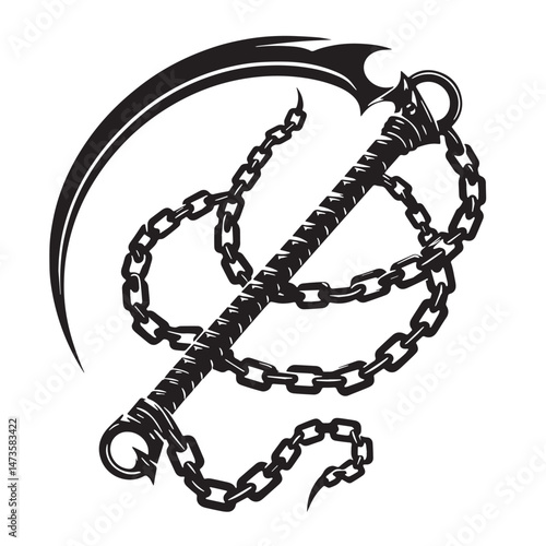 Kusarigama (Japan - chain-and-sickle weapon) Silhouette line art vector illustration on white background