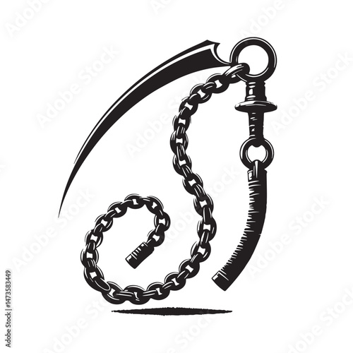 Kusarigama (Japan - chain-and-sickle weapon) Silhouette line art vector illustration on white background