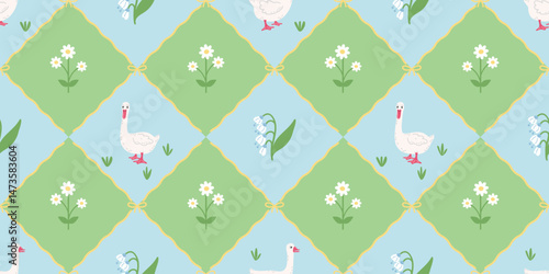 Seamless floral lattice pattern with bows and cute geese. Hand-drawn spring and summer flowers. Fashionable print with cute geese and bows. Design for children s clothes, fabric, wallpaper or wrapping