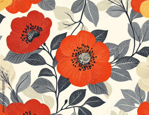 Wallpaper Mural Vintage floral pattern featuring vibrant red and orange flowers with intricate details, surrounded by lush green leaves, creating lively and cheerful atmosphere Torontodigital.ca