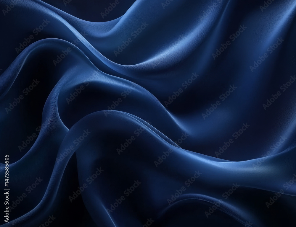 Fototapeta premium Luxurious dark blue silk satin fabric with soft folds and smooth texture creates elegant and calming atmosphere, perfect for various design projects
