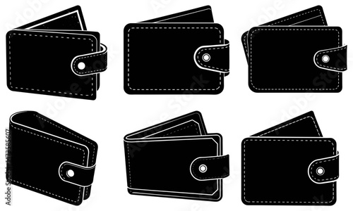 Illustration of six black wallets in varying states of open and closed positions on a white background