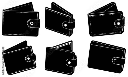 Illustration of six black wallets in various open and closed positions with white stitching details