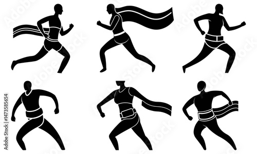 Silhouetted marathon runners in various poses with sashes and athletic wear on a white background