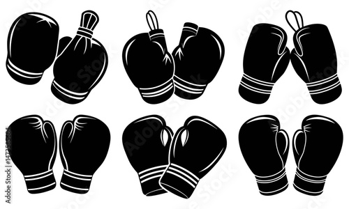 Collection of six pairs of black boxing gloves in various styles and orientations on a white background