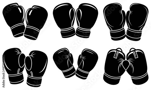 Illustration showing six pairs of black boxing gloves arranged in a scattered format on white background