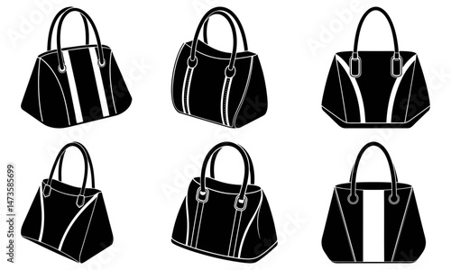Collection of six black and white tote bags with different designs and handle styles illustrated