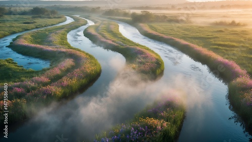 Wallpaper Mural Serene River Winding Through Meadow with Flowers and Early Morning Mist Torontodigital.ca
