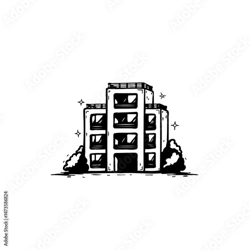 Hand-Drawn Apartment Building Illustration with Sparkling Accents and Simple Lines