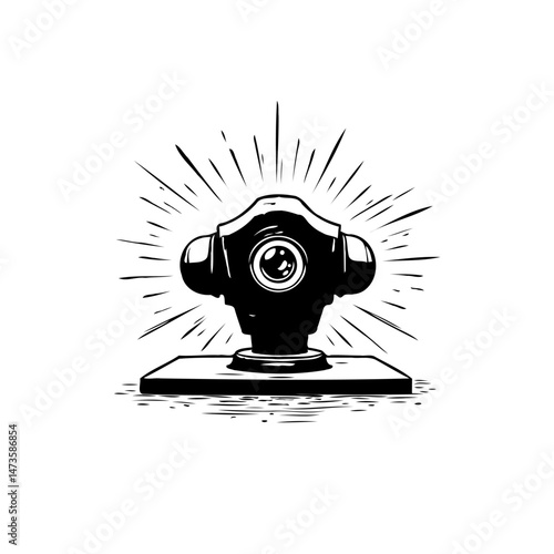 Monochrome illustration featuring abstract robot head with radiating lines
