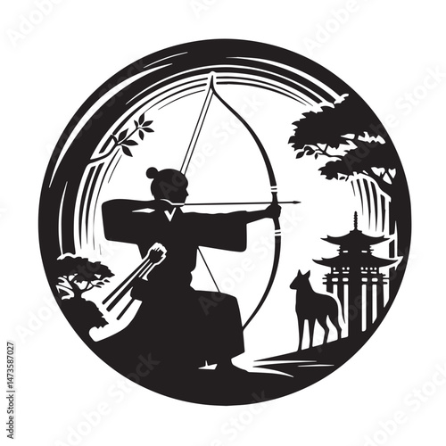 Kyudo (Japan - traditional archery) Silhouette line art vector illustration on white background