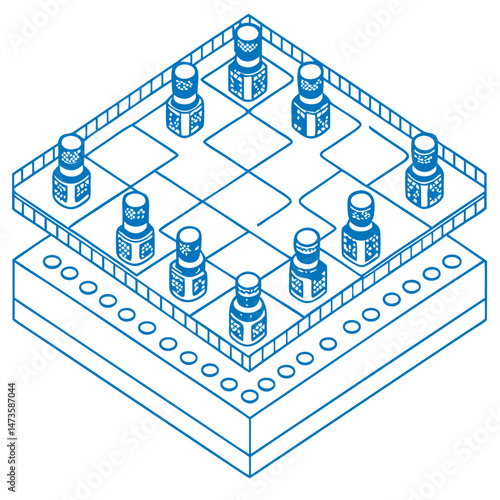 Isometric illustration of a swarm robotics game board  