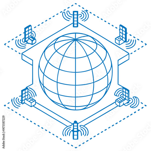 Digital globe surrounded by network towers and waves in isometric style  