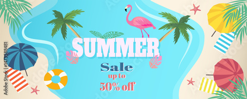 Summer sale on the beach, swimming pool with pink flamingos, coconut palms, beach umbrella and sun loungers. Summer sale 50 % off background. Vector illustration of summer sale banner.