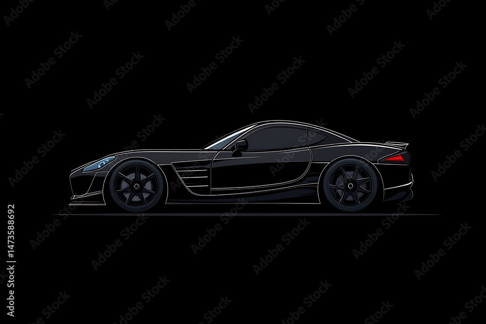Fototapeta premium Sleek black sports car in profile view, showcasing aerodynamic design against a dark backdrop
