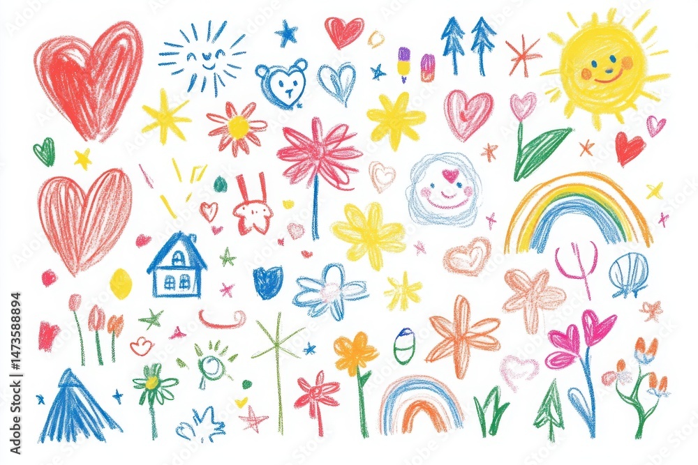 colorful kids doodle drawings of hearts, flowers, and rainbows, cute crayon-style vector set on white background colorful kids doodle drawings of hearts, flowers, and rainbows, cute crayon-style vector set on white background