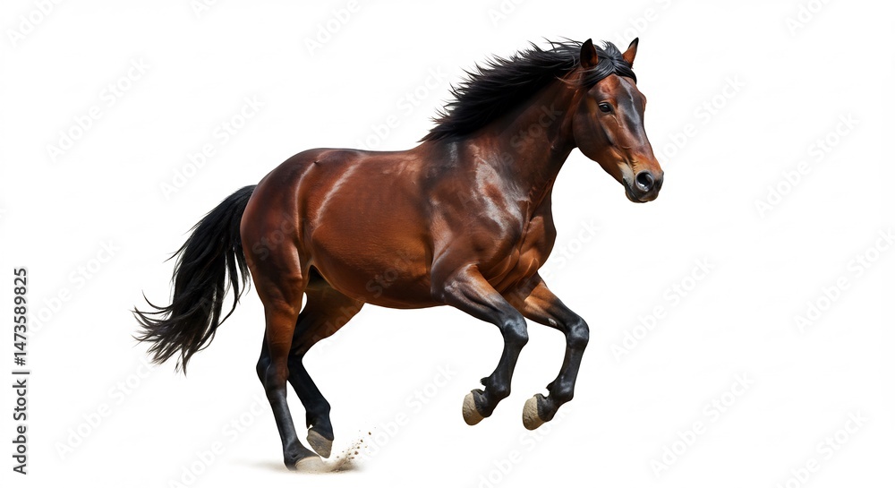 Obraz premium 力強く駆ける栗毛の馬 白い背景で輝く毛並み. AI Generated