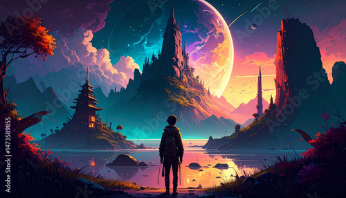 Dreamy landscape featuring a person gazing toward a fantastical city beneath a celestial sphere