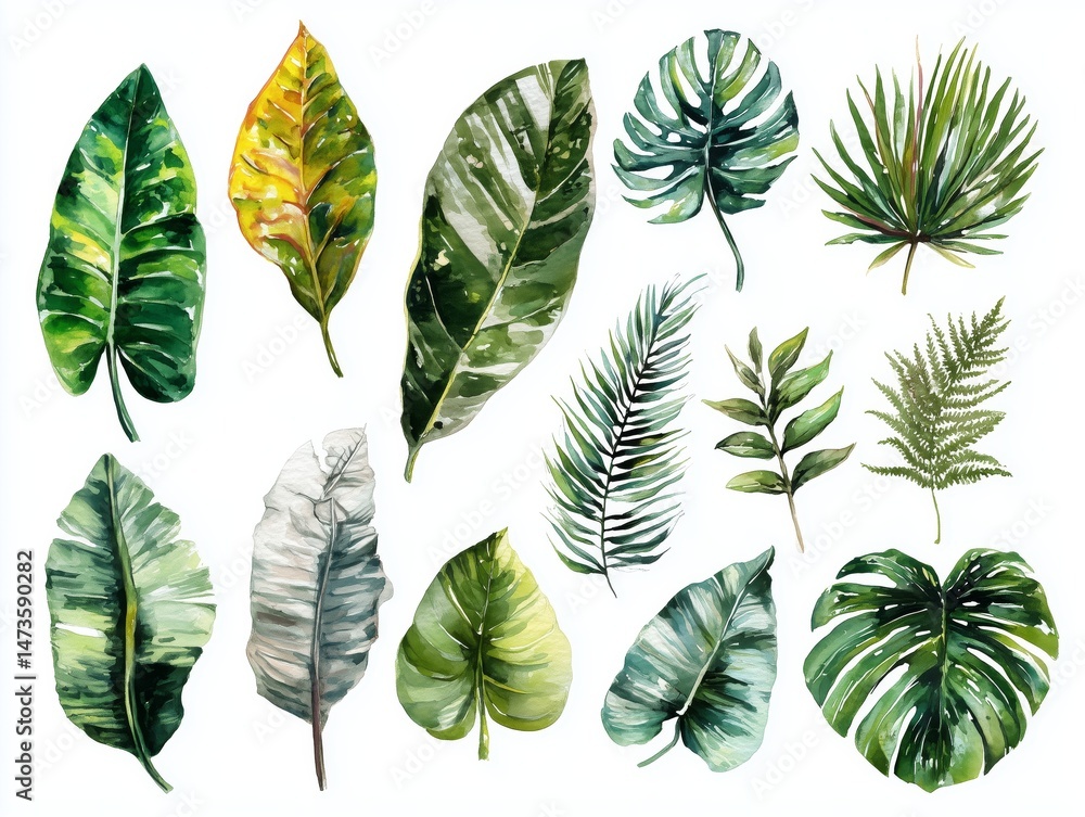 Fototapeta premium Watercolor illustration of a collection of tropical leaves, white background