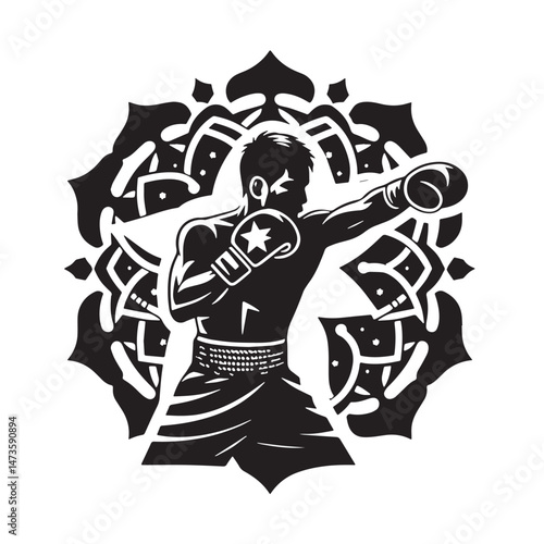Lethwei (Myanmar - traditional bare-knuckle boxing) Silhouette line art vector illustration on white background