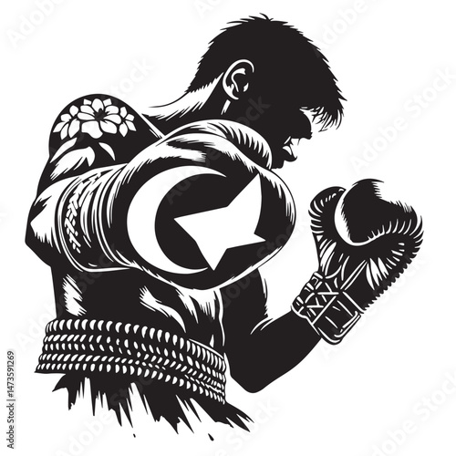 Lethwei (Myanmar - traditional bare-knuckle boxing) Silhouette line art vector illustration on white background
