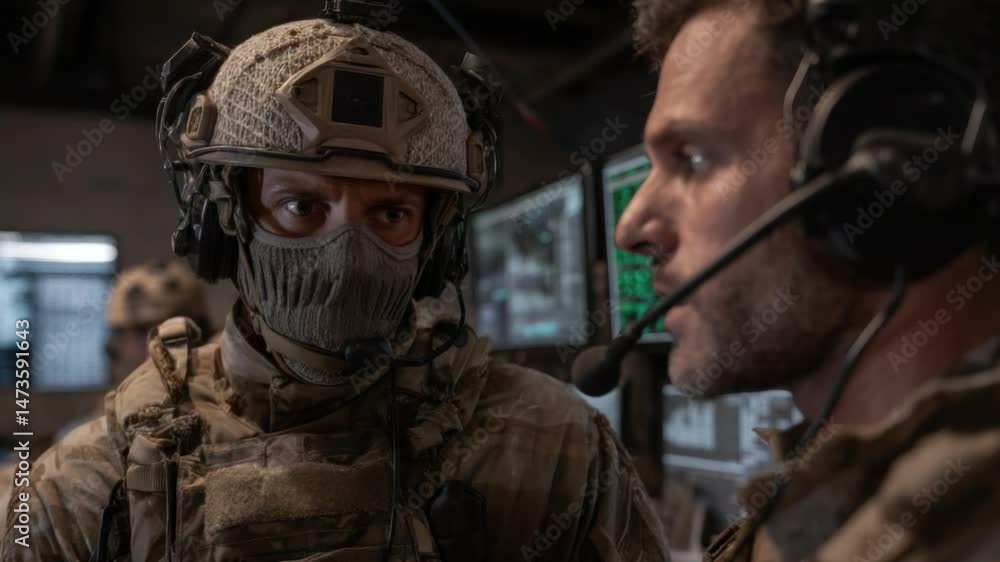 Strategic Briefing: A focused tactical team, clad in camouflage, engages in a detailed briefing, set against the backdrop of a strategic command center. Strategic Briefing: A focused tactical team, clad in camouflage, engages in a detailed briefing, set against the backdrop of a strategic command center.