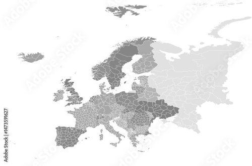 Europe vector map with country and administrative level 1 boundaries (Compact Miller projection, PPT-compatible & fully editable)