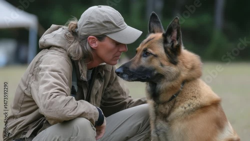 A Bond of Trust: An image of a woman looking deeply into the eyes of her German Shepherd,  expressing an unshakeable bond of trust, loyalty, and companionship.