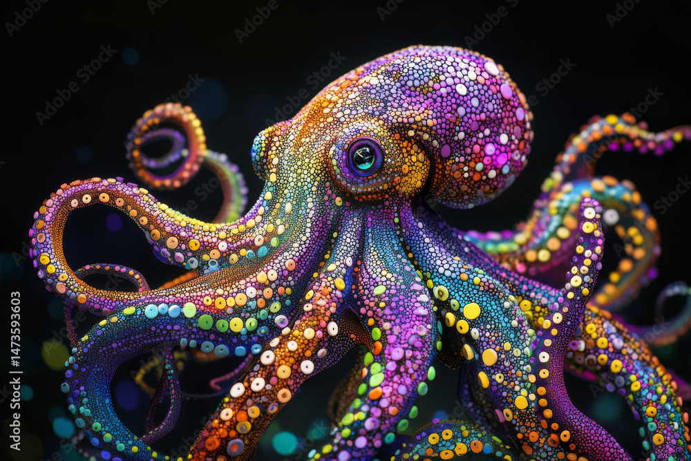Obraz premium octopus with colorful tentacles made of dots, showcasing intricate patterns and textures, evokes sense of wonder and creativity in underwater world