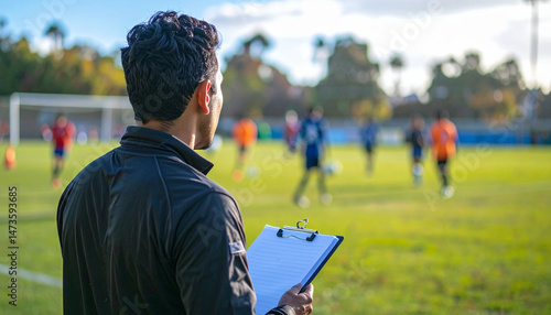 Trainer observes soccer practice, holding clipboard, outside