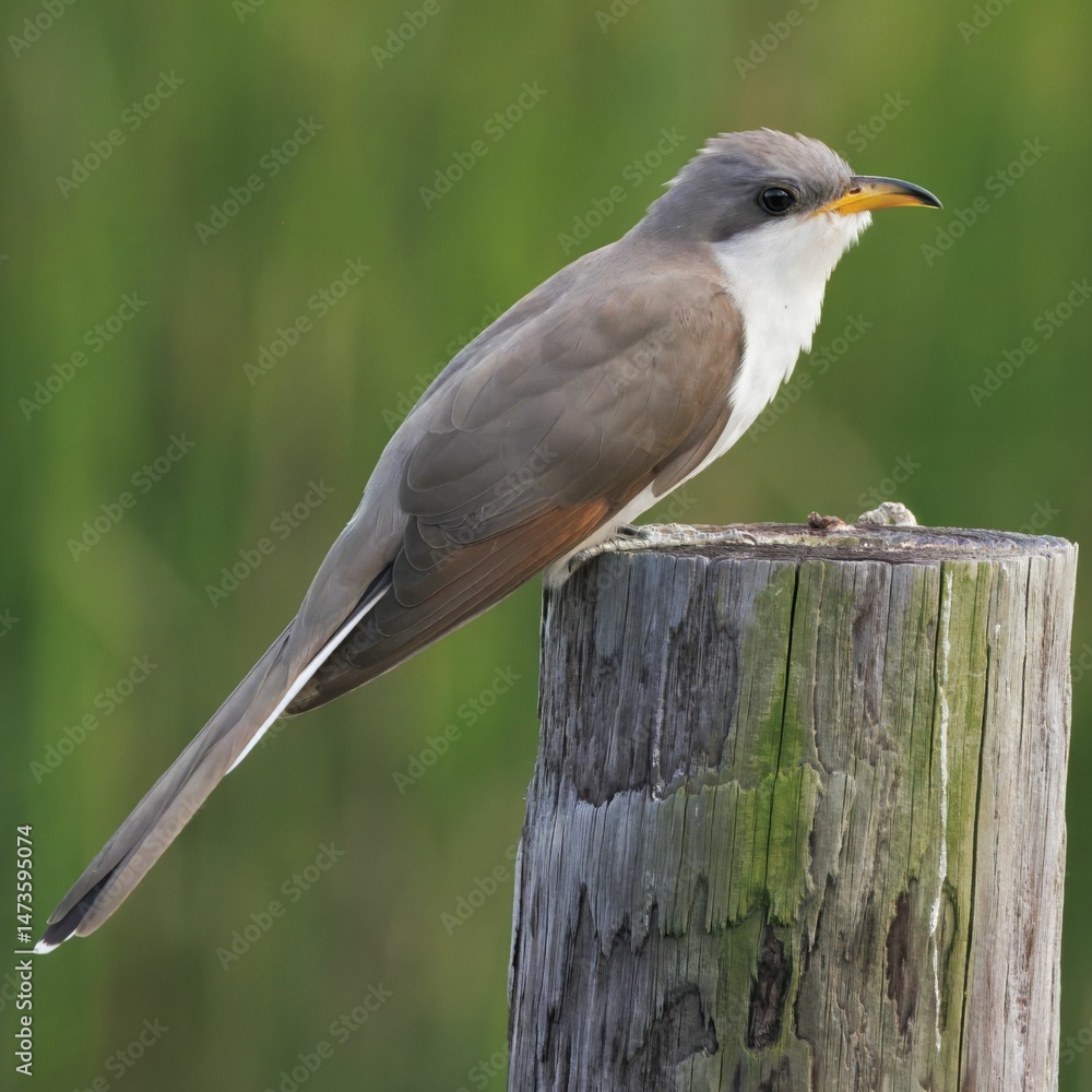 Fototapeta premium Yellow-billed cuckoo on a wooden post.
