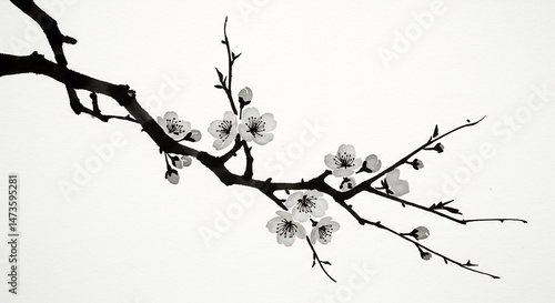 水墨画風 梅の花 優雅に咲く枝 静謐な白背景