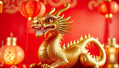 Wallpaper Mural Charming golden dragon statue with red lantern, festive Chinese New Year setting against vibrant red backdrop, photography, Spring Festival Torontodigital.ca
