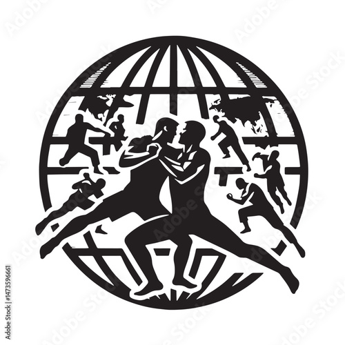 Mixed Martial Arts (MMA) (Global - combined combat styles) Silhouette line art vector illustration on white background