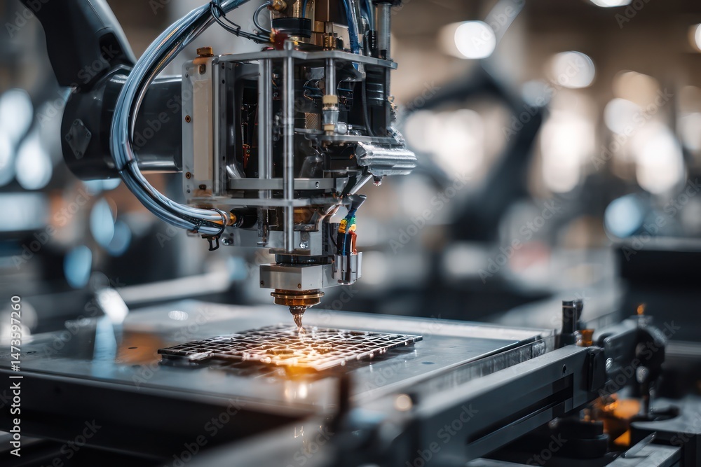 Robotic arms and 3D printers in manufacturing, collaborating to produce advanced, detailed products. Robotic arms and 3D printers in manufacturing, collaborating to produce advanced, detailed products.