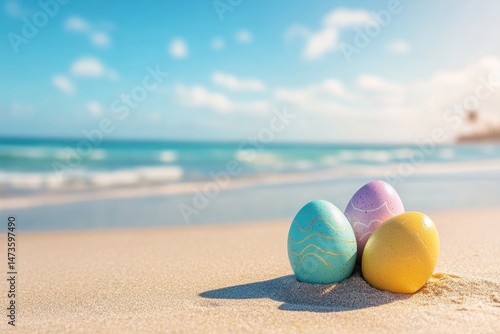 Beach Easter. Happy Easter Lettering Background with Easter Eggs on Sandy Beach