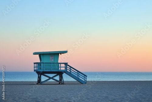 Beach Lifeguard Tower at Sunset in Santa Monica, Los Angeles. Pacific Ocean Twilight on Sandy Shore