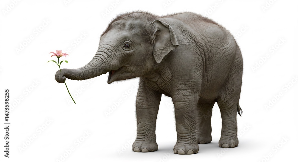 Obraz premium 愛らしい象の子が優しく花を嗅ぐ姿 白い背景で清楚な印象. AI Generated